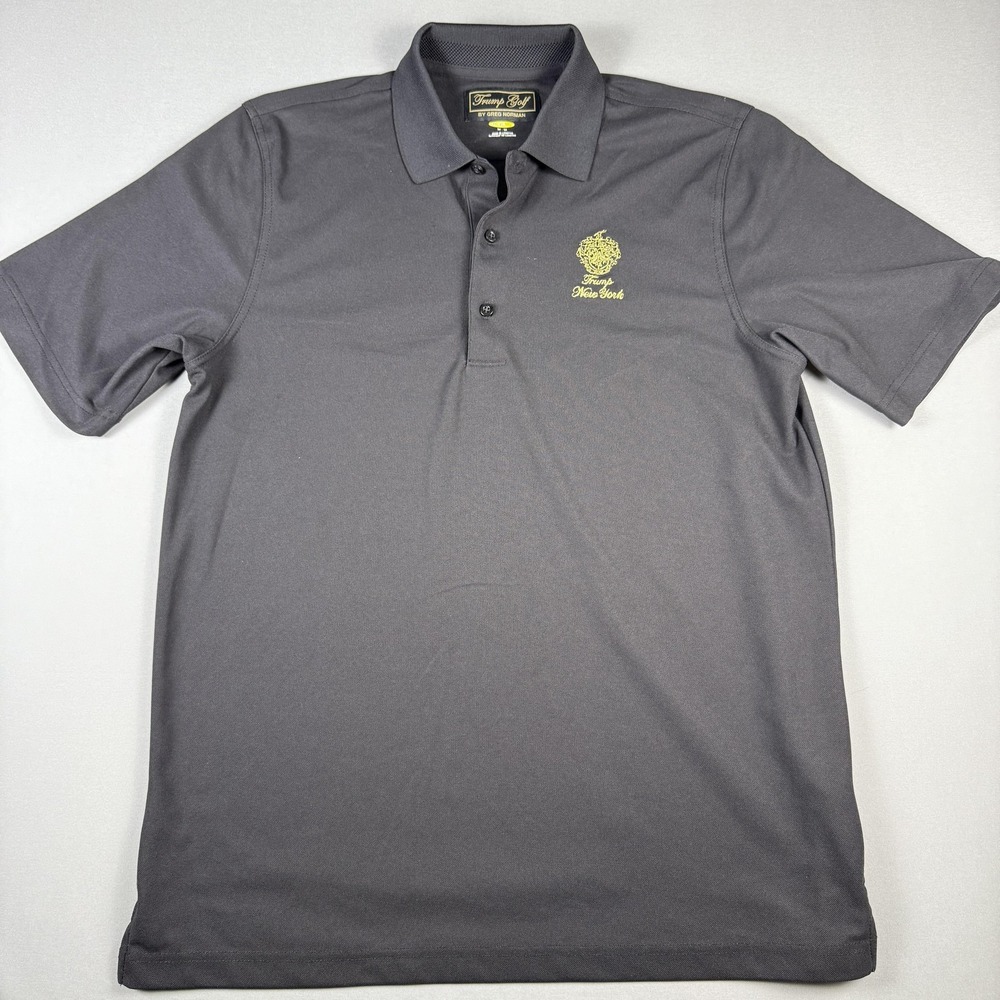 Trump Golf Polo Shirt Mens Medium Gray Greg Norman PlayDry New York Crest Logo